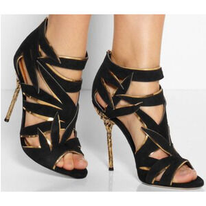 Sergio Rossi Ramage Suede Sculptural Heel Gladiator Booties Black / Gold EU 40